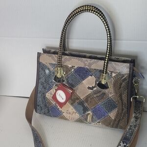 Chaos By Elsie Handbag Leather with Chic Python Pattern Handbag - Blue and Brown